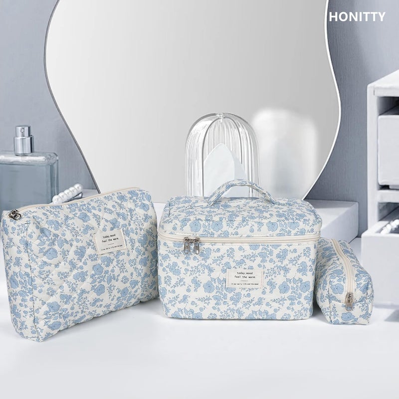 honitty Makeup Bag,Quilted Cosmetic Bag,Large Floral Make Up Bag for Women,Cotton Makeup Bag Set,Flower Travel Toiletry Bag - Image 5